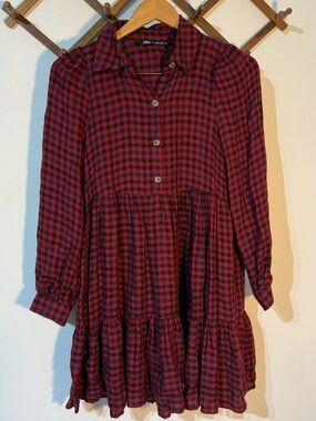 Zara Buffalo plaid red/black checkered baby doll tiered long sleeve minidress XS